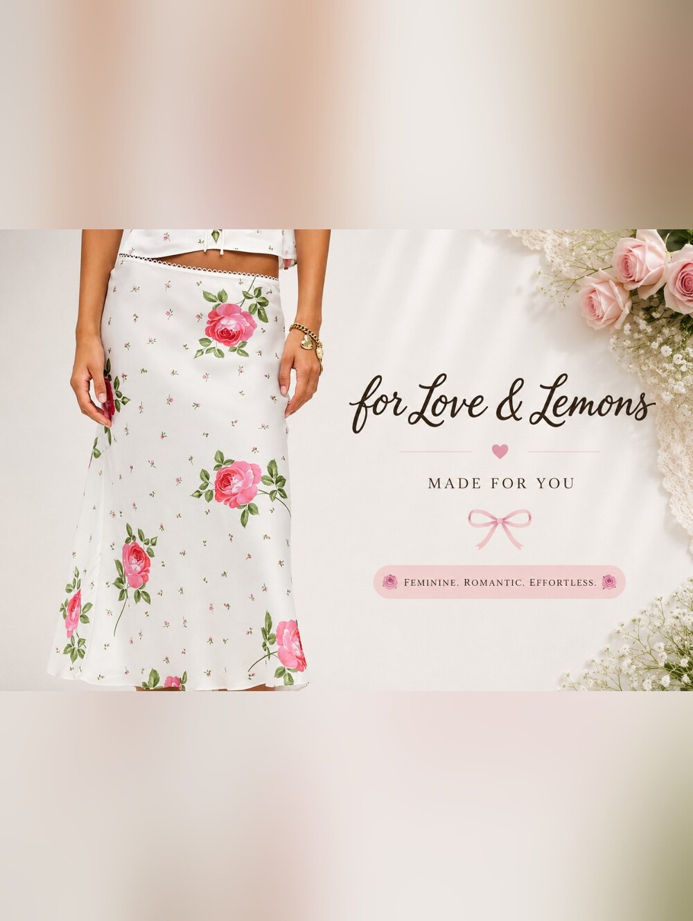 NWT For Love & Lemons Ivory Pink Floral Satin Midi Skirt Luxury Satin Romantic